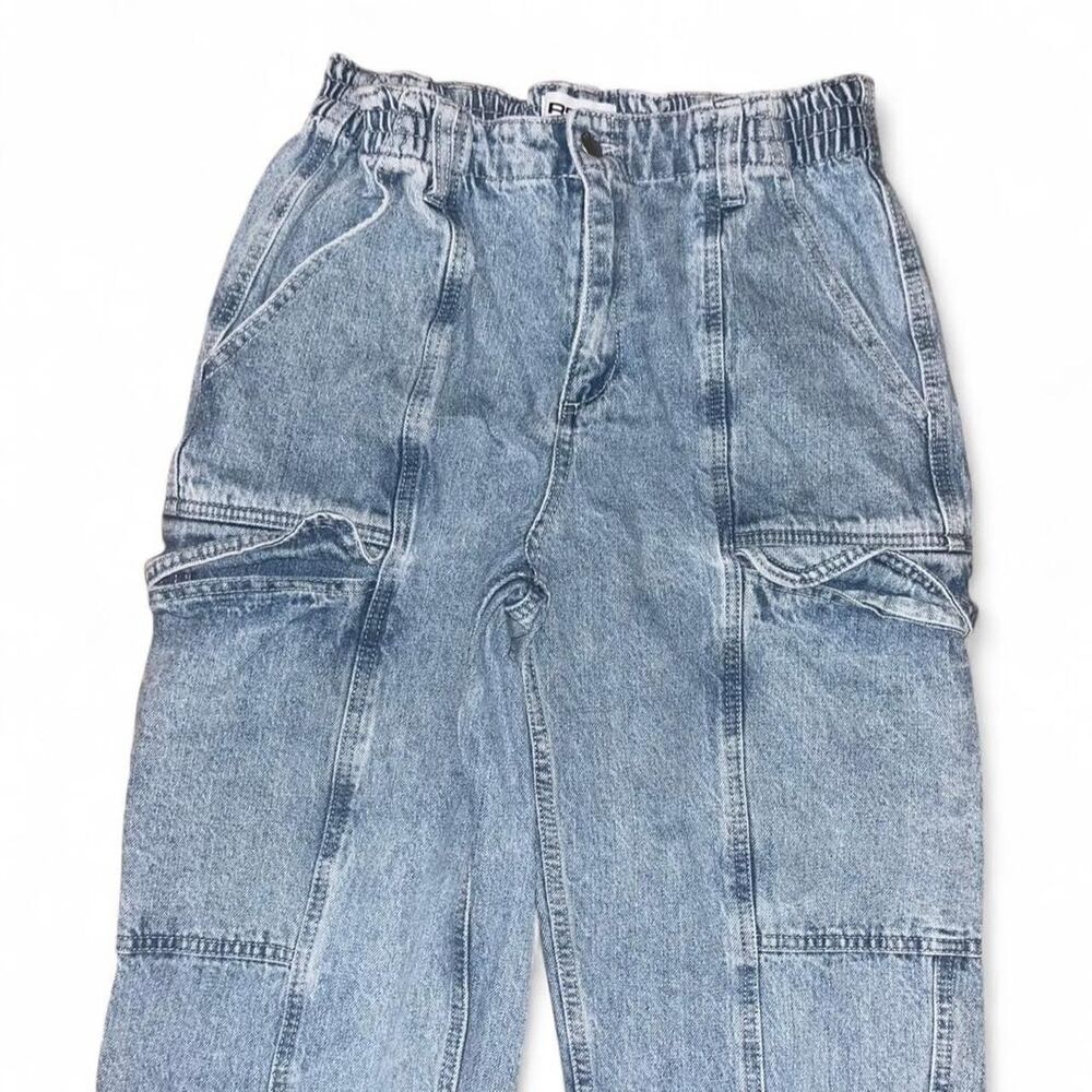 RSQ Women's Light Blue Denim Cargo Straight Leg Jeans Elastic Waist SZ 29 - Picture 2 of 4
